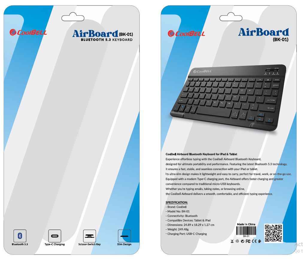 Coolbell Airboard BK-01 Wireless Bluetooth Keyboard | Slim, Rechargeable, USB-C, for iPad & Tablets - CoolBELL