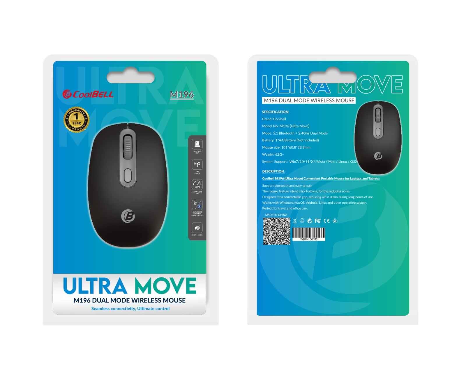 CoolBell M196 Ultra Move Dual Mode Wireless Mouse | Bluetooth 5.1 + 2.4GHz - CoolBELL