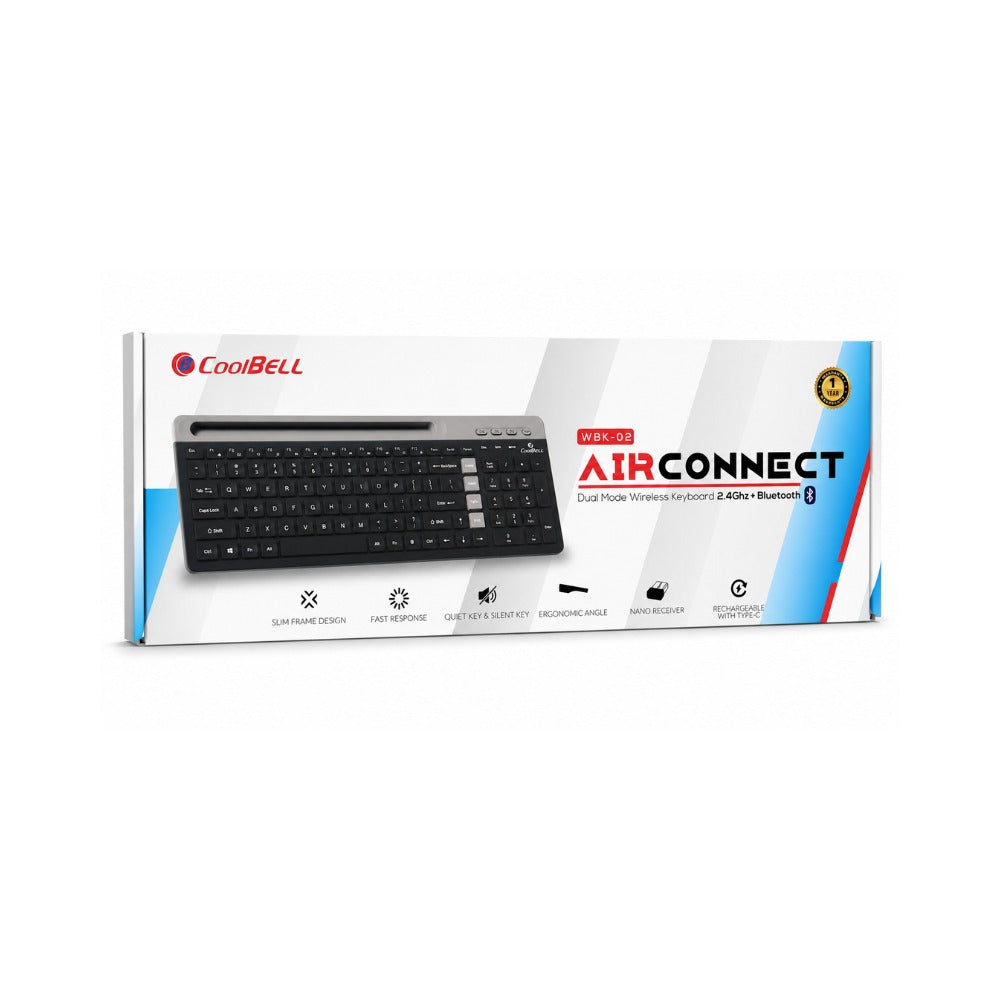CoolBell AirConnect WBK-02 Dual Mode Wireless Keyboard | Bluetooth + 2.4GHz Rechargeable 103-Key Keyboard for Windows, Mac, Android, Laptop & PC